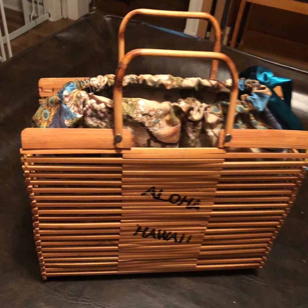 peacock printed fabric lined Bamboo basket handbag from Hawaii